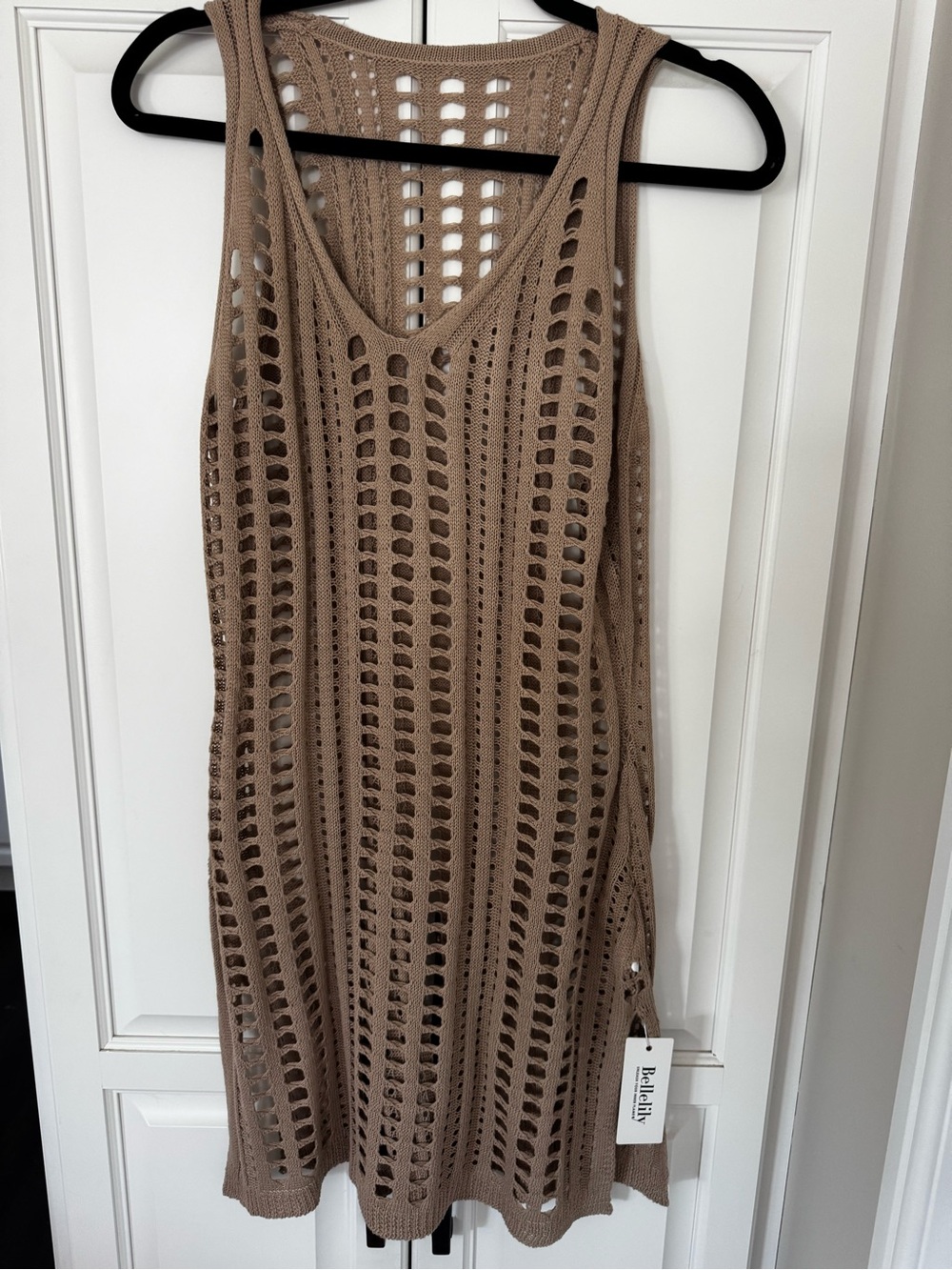 Neutral Taupe Crochet Sleeveless Tunic Swimsuit cover up.